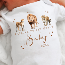 Load image into Gallery viewer, Welcome to the World Personalised Baby Sleepsuit/Babygrow with Safari Design Personalised Welcome to the World Baby Grow, Unisex Romper, Born in 2025 Sleepsuit, Safari baby Vest, Going home outfit, New baby Keepsake