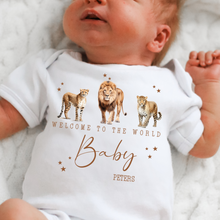 Load image into Gallery viewer, Welcome to the World Personalised Baby Sleepsuit/Babygrow with Safari Design Personalised Welcome to the World Baby Grow, Unisex Romper, Born in 2025 Sleepsuit, Safari baby Vest, Going home outfit, New baby Keepsake