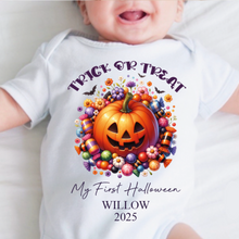 Load image into Gallery viewer, Personalised First Halloween Baby Vest My first Halloween Babygrow Pumpkin Baby's First Halloween Trick or Treat 1st Halloween Personalised Romper
