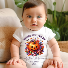 Load image into Gallery viewer, Personalised First Halloween Baby Vest My first Halloween Babygrow Pumpkin Baby's First Halloween Trick or Treat 1st Halloween Personalised Romper