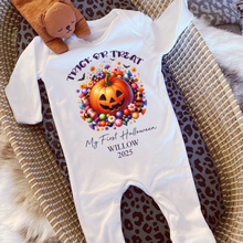 Load image into Gallery viewer, Personalised First Halloween Baby Vest My first Halloween Babygrow Pumpkin Baby's First Halloween Trick or Treat 1st Halloween Personalised Romper