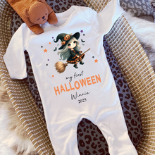Load image into Gallery viewer, Personalised First Halloween Baby Vest My first Halloween Babygrow Pumpkin Baby's First Halloween Trick or Treat 1st Halloween Personalised Romper