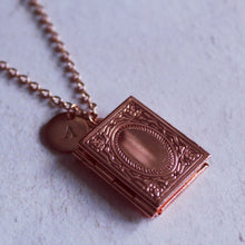 Load image into Gallery viewer, Rose gold locket necklace, picture necklace, photo keepsake necklace, book custom locket, personalised locket, Fairytale lovers, Book Lover