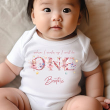 Load image into Gallery viewer, Fairy ONE Birthday sleepsuit, Baby Girl Birthday vest, When I wake up I’ll be One, Magical One, pastel Fairies, rainbow birthday outfit girl