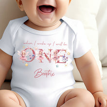 Load image into Gallery viewer, Fairy ONE Birthday sleepsuit, Baby Girl Birthday vest, When I wake up I’ll be One, Magical One, pastel Fairies, rainbow birthday outfit girl