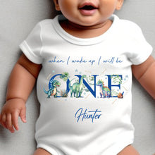 Load image into Gallery viewer, Dinosaur Birthday sleepsuit, Unisex Baby Birthday vest, When I wake up I’ll be One, 1st One, Cute Dinosaurs, Dino birthday outfit girl boy