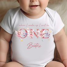 Load image into Gallery viewer, Fairy ONE Birthday sleepsuit, Baby Girl Birthday vest, When I wake up I’ll be One, Magical One, pastel Fairies, rainbow birthday outfit girl