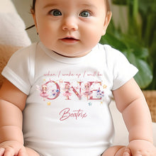 Load image into Gallery viewer, Fairy ONE Birthday sleepsuit, Baby Girl Birthday vest, When I wake up I’ll be One, Magical One, pastel Fairies, rainbow birthday outfit girl