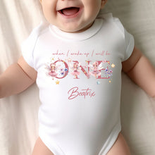 Load image into Gallery viewer, Fairy ONE Birthday sleepsuit, Baby Girl Birthday vest, When I wake up I’ll be One, Magical One, pastel Fairies, rainbow birthday outfit girl