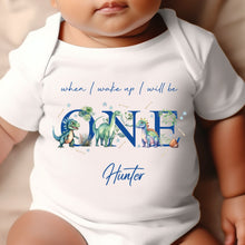 Load image into Gallery viewer, Dinosaur Birthday sleepsuit, Unisex Baby Birthday vest, When I wake up I’ll be One, 1st One, Cute Dinosaurs, Dino birthday outfit girl boy