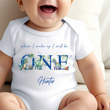 Load image into Gallery viewer, Dinosaur Birthday sleepsuit, Unisex Baby Birthday vest, When I wake up I’ll be One, 1st One, Cute Dinosaurs, Dino birthday outfit girl boy