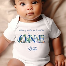 Load image into Gallery viewer, Dinosaur Birthday sleepsuit, Unisex Baby Birthday vest, When I wake up I’ll be One, 1st One, Cute Dinosaurs, Dino birthday outfit girl boy