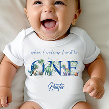 Load image into Gallery viewer, Dinosaur Birthday sleepsuit, Unisex Baby Birthday vest, When I wake up I’ll be One, 1st One, Cute Dinosaurs, Dino birthday outfit girl boy
