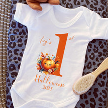 Load image into Gallery viewer, Baby's First Halloween Outfit, 1st Halloween Gift Idea, Trick or Treat, 1st Halloween Sleepsuit, Halloween Vest for baby, baby Halloween