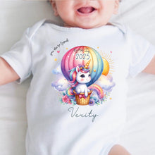 Load image into Gallery viewer, Personalised Born in 2025 Baby Vest, Rainbow Unicorn Baby Sleepsuit, Personalised Baby Outfit, New Baby Gift, Baby Arrival Announcement Vest