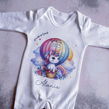 Load image into Gallery viewer, Personalised Born in 2025 Baby Vest, Rainbow Unicorn Baby Sleepsuit, Personalised Baby Outfit, New Baby Gift, Baby Arrival Announcement Vest