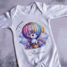 Load image into Gallery viewer, Personalised Born in 2025 Baby Vest, Rainbow Unicorn Baby Sleepsuit, Personalised Baby Outfit, New Baby Gift, Baby Arrival Announcement Vest