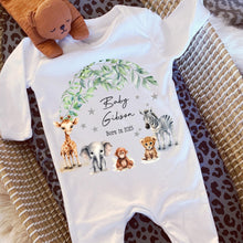 Load image into Gallery viewer, Born in 2025 Baby Grow, Personalised Sleepsuit, Born in 2025 gift, Personalised baby vest, Safari baby gift, Going home outfit Baby keepsake