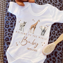 Load image into Gallery viewer, Personalised Welcome to the World Baby Grow, Unisex Romper, Born in 2025 Sleepsuit, Safari baby Vest, Going home outfit, New baby Keepsake