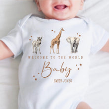 Load image into Gallery viewer, Personalised Welcome to the World Baby Grow, Unisex Romper, Born in 2025 Sleepsuit, Safari baby Vest, Going home outfit, New baby Keepsake