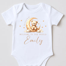 Load image into Gallery viewer, Personalised Welcome to the World Baby Grow, Unisex Romper, Born in 2025 Sleepsuit, Teddy Bear baby Vest, Going home outfit, Baby Keepsake