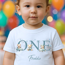 Load image into Gallery viewer, Personalised first birthday toddler, Kid's Birthday T-shirt, Birthday Keepsake T-shirt, kids Birthday Gift, 1st Birthday T-shirt, Teddy Tee