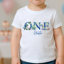 Load image into Gallery viewer, Kid's Birthday T-shirt, Birthday Keepsake T-shirt, kids Birthday Gift, 1st Birthday T-shirt, Dino t-shirt, Dinosaur first birthday toddler