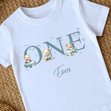 Load image into Gallery viewer, Personalised first birthday toddler, Kid's Birthday T-shirt, Birthday Keepsake T-shirt, kids Birthday Gift, 1st Birthday T-shirt, Teddy Tee