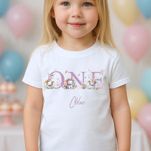 Load image into Gallery viewer, Personalised ONE Birthday T-Shirt, first Birthday Outfit for Kids, Custom Name Baby Top, 1st Birthday Shirt Toddler, Elephant Party Top Girl