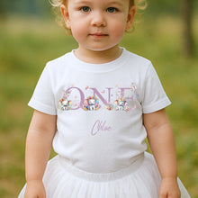 Load image into Gallery viewer, Personalised ONE Birthday T-Shirt, first Birthday Outfit for Kids, Custom Name Baby Top, 1st Birthday Shirt Toddler, Elephant Party Top Girl