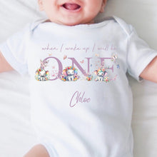 Load image into Gallery viewer, Personalised Elephant Birthday sleepsuit, Unisex Birthday vest, When I wake up I’ll be One, Wild One, Elephant Romper, Cute Elephant Onesie