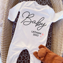 Load image into Gallery viewer, Personalised Baby Grow, Baby Vest Surname, New Baby Reveal, Pregnancy Announcement Outfit, Baby Coming Soon, Personalised Baby Gift, Newborn