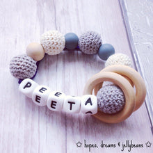 Load image into Gallery viewer, Personalised Crochet Teething Ring - Grey/Cream - Hopes, Dreams & Jellybeans