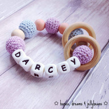 Load image into Gallery viewer, Personalised Crochet Teething Ring - Lilac/Blue - Hopes, Dreams & Jellybeans