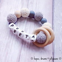 Load image into Gallery viewer, Personalised Crochet Teething Ring - Grey/Cream - Hopes, Dreams & Jellybeans