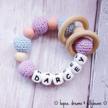 Load image into Gallery viewer, Personalised Crochet Teething Ring - Lilac/Blue - Hopes, Dreams & Jellybeans