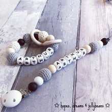 Load image into Gallery viewer, Personalised Crochet Dummy Clip - Grey - Hopes, Dreams & Jellybeans