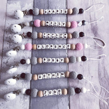 Load image into Gallery viewer, Personalised Crochet Dummy Clip - Grey - Hopes, Dreams & Jellybeans