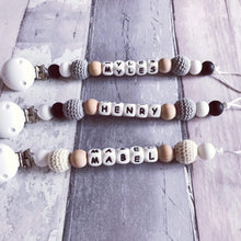 Load image into Gallery viewer, Personalised Crochet Dummy Clip - Grey - Hopes, Dreams & Jellybeans