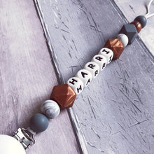 Load image into Gallery viewer, Personalised Silicone Dummy Clip - Copper/Grey