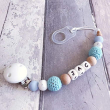 Load image into Gallery viewer, Personalised Crochet Dummy Clip - Blue - Hopes, Dreams & Jellybeans