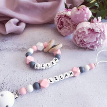 Load image into Gallery viewer, Dummy Clip and Teether Set - Pink/Dark Grey - Hopes, Dreams & Jellybeans