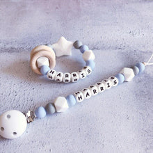 Load image into Gallery viewer, Dummy Clip and Teether Set - Baby Blue/White - Hopes, Dreams & Jellybeans