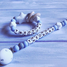 Load image into Gallery viewer, Dummy Clip and Teether Set - Baby Blue/White - Hopes, Dreams & Jellybeans