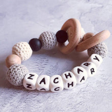 Load image into Gallery viewer, Personalised Crochet Teething Ring - Grey/Cream - Hopes, Dreams & Jellybeans