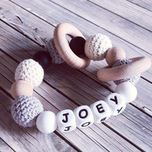 Load image into Gallery viewer, Personalised Crochet Teething Ring - Grey/Cream - Hopes, Dreams & Jellybeans