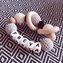 Load image into Gallery viewer, Personalised Crochet Teething Ring - Grey/Cream - Hopes, Dreams & Jellybeans