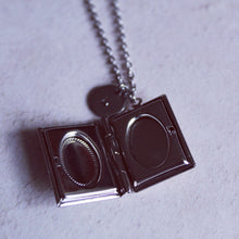 Load image into Gallery viewer, Silver story book locket, bridesmaid picture memento locket, wedding gift, rose gold necklace gift, Fairytale Necklace, Friends Keepsake
