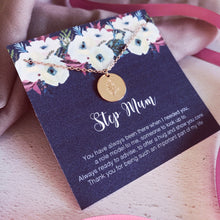 Load image into Gallery viewer, Floral Necklace for Stepmum, Stepmother Gift, Message Card Poem Bonus Mum, Mothers day Gift Second Mum, Floral Necklace, Gold Flower Gift