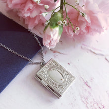 Load image into Gallery viewer, Silver story book locket, bridesmaid picture memento locket, wedding gift, rose gold necklace gift, Fairytale Necklace, Friends Keepsake